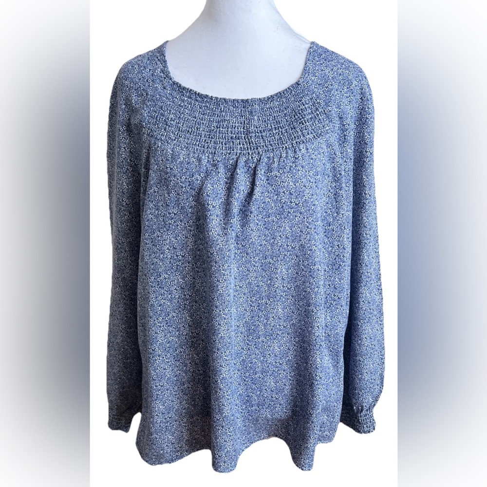 CJ BANKS Blue & White Ditsy Floral Summer Blouse + Long Sleeves Plus 14W Or X